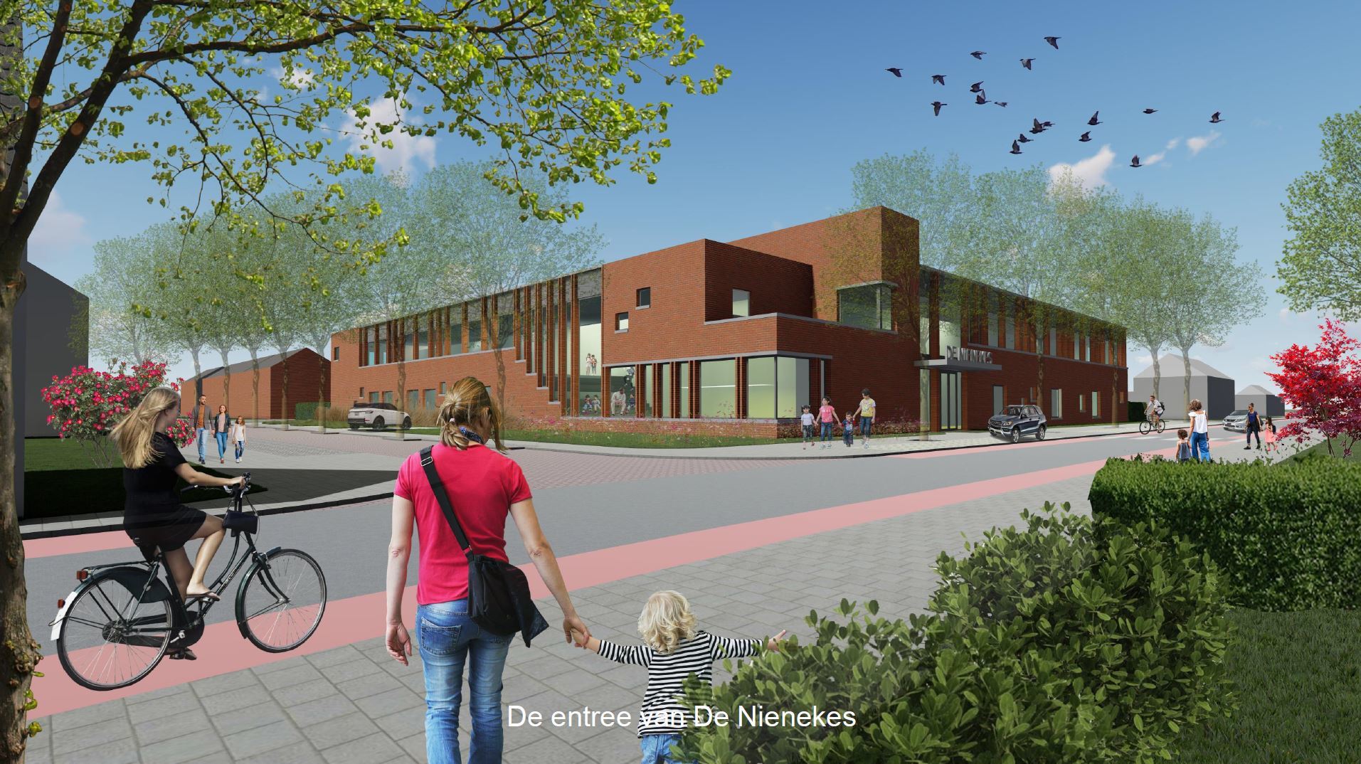 Afbeelding van het voorlopige ontwerp van Integraal Kindcentrum De Nienekes, gezien vanaf de Veldweg