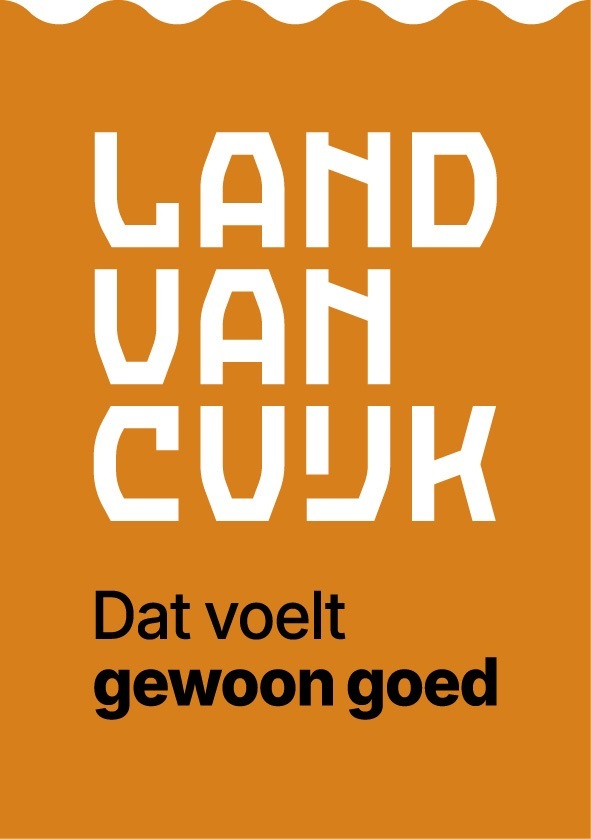 Oranje/bruin logo. Met tekst "Land va Cuijk, Dat voelt gewoon goed. 