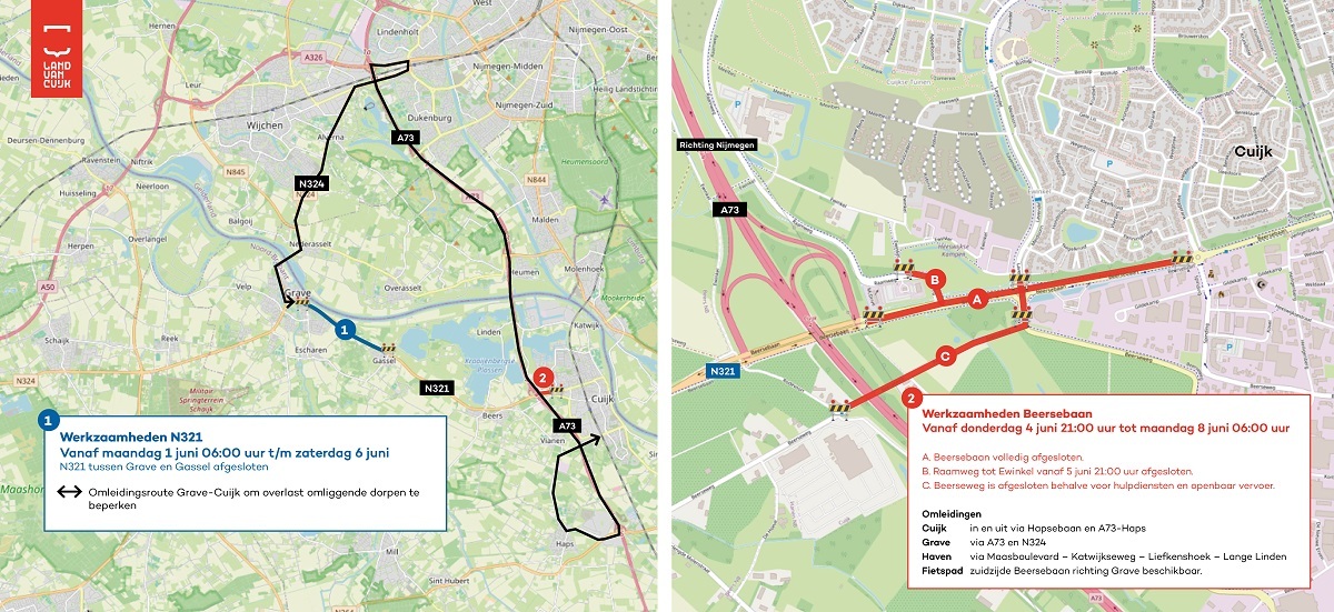 Kaart waarop de route van de omleidingen is aangegeven.