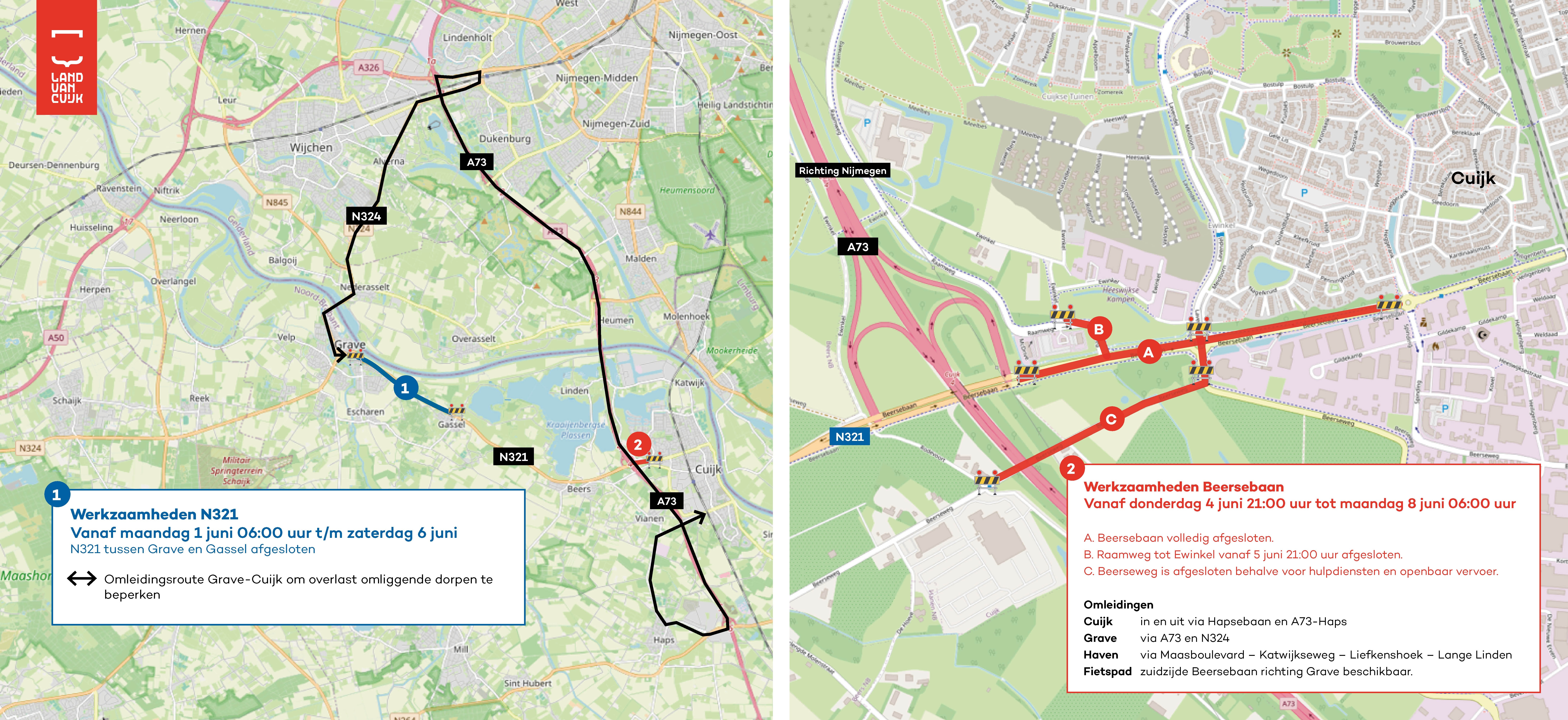 Kaart waarop de route van de omleidingen is aangegeven.