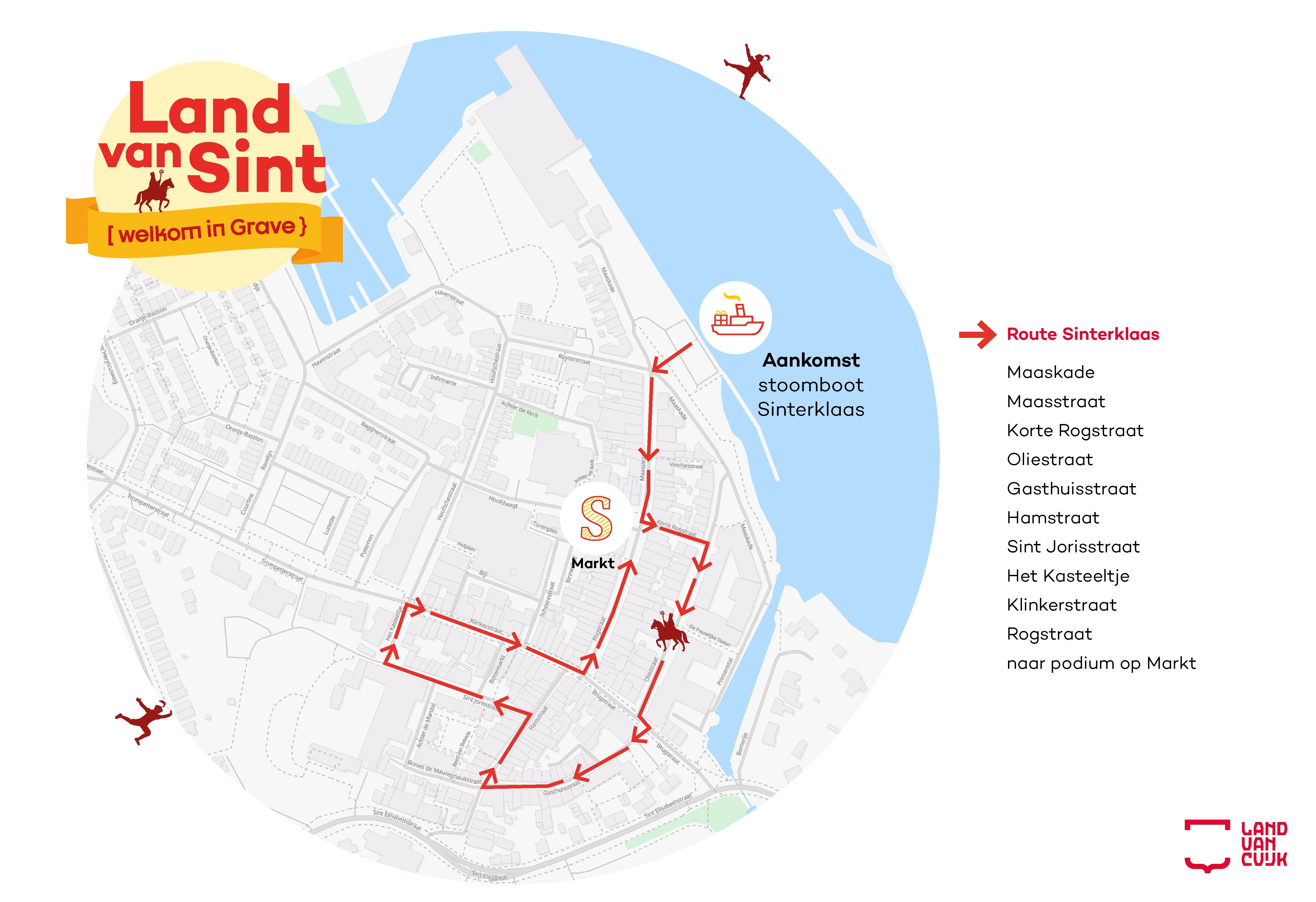 Route: Maaskade, Maasstraat, Korte Rogstraat, Oliestraat, Gasthuisstraat, Hamstraat, Sint Jorisstraat, Het Kasteeltje, Klinkerstraat, Rogstraat en dan naar het podium op de Markt